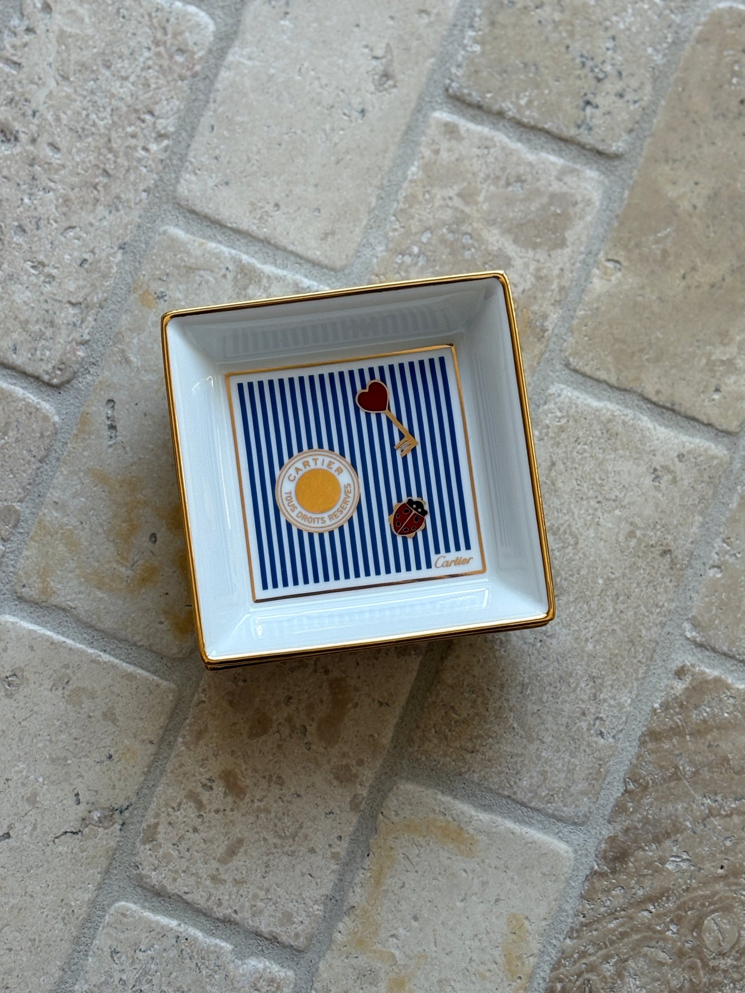 Cartier Porcelain Trinket Tray – Blue Stripe Motif with Medallion, Key, &amp; Ladybug | Collectors Gene