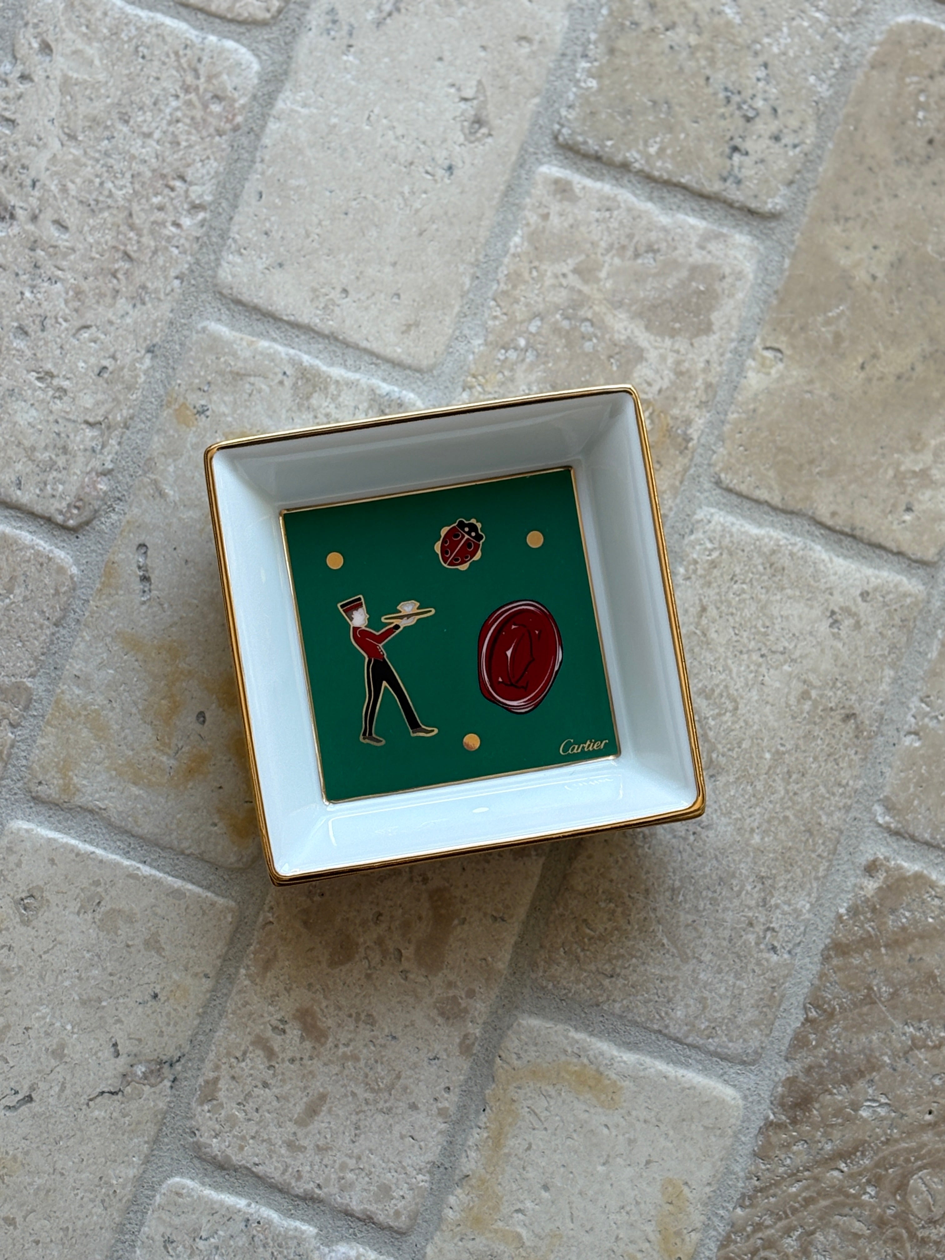 Cartier Porcelain Trinket Tray – Green Motif with Bellhop, Wax Stamp, and Ladybug | Collectors Gene