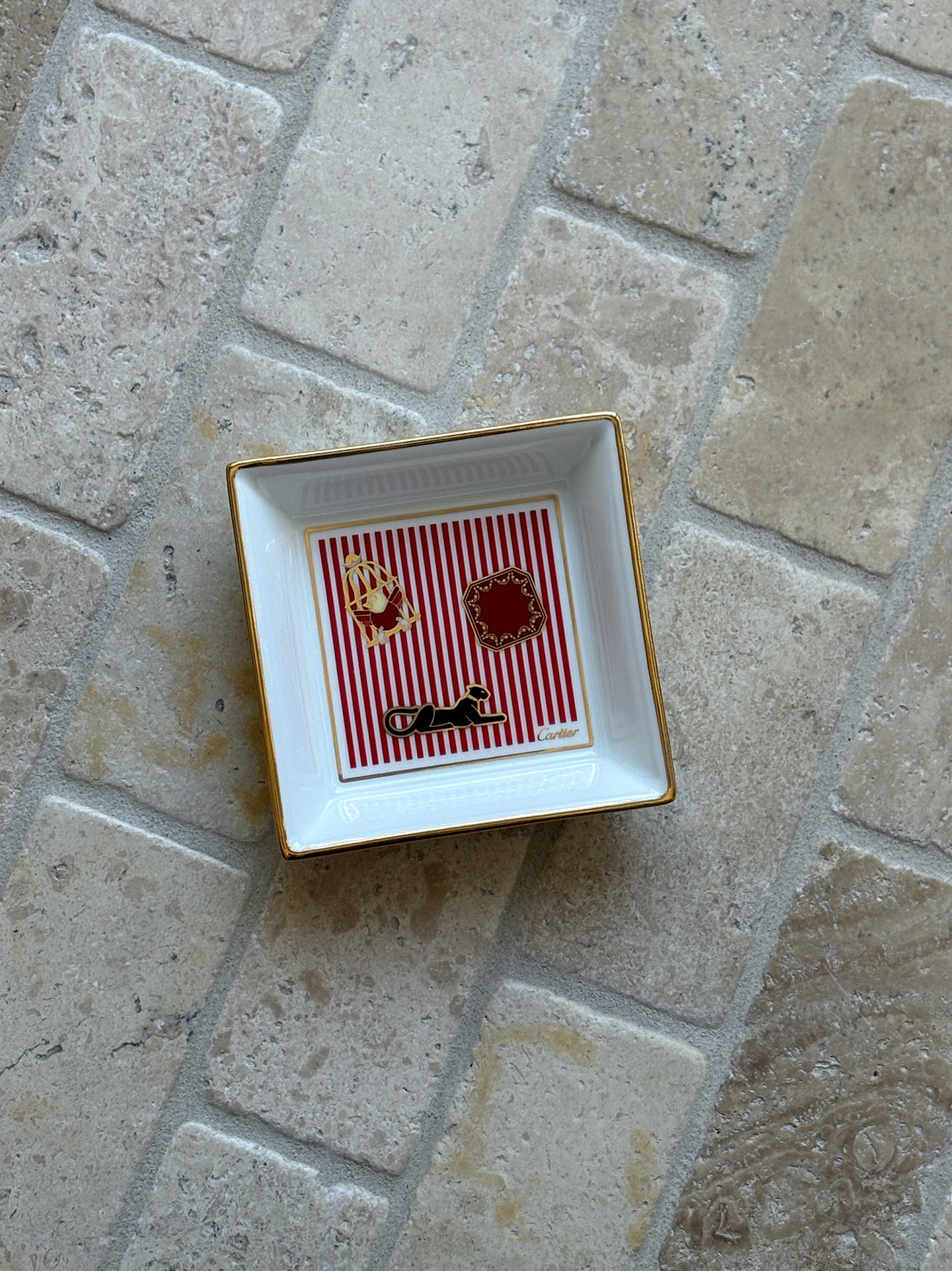 Cartier Porcelain Trinket Tray – Red Stripe Motif with Panther, Birdcage, &amp; Box Design | Collectors Gene