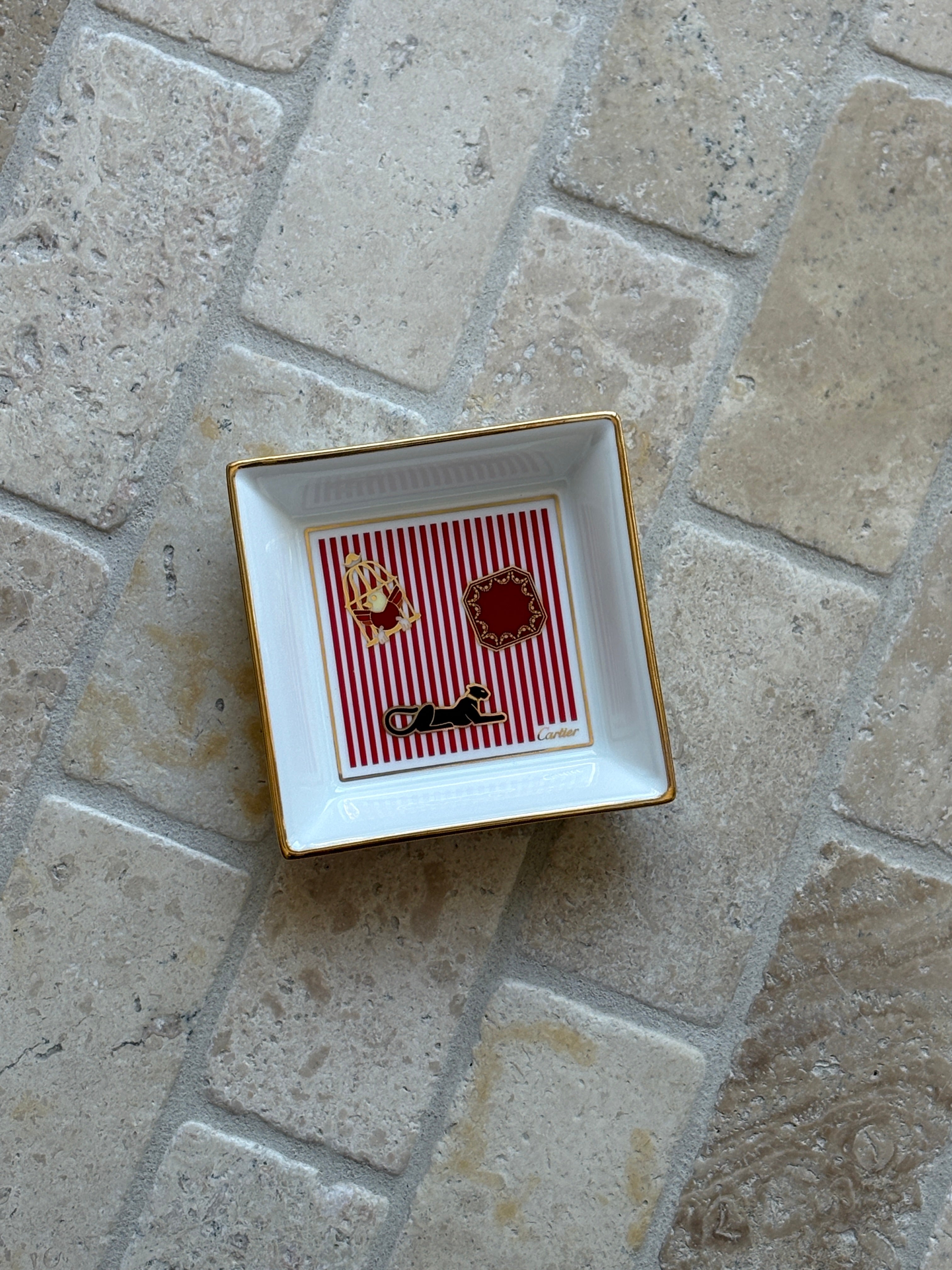 Cartier Porcelain Trinket Tray – Red Stripe Motif with Panther, Birdcage, &amp; Box Design | Collectors Gene