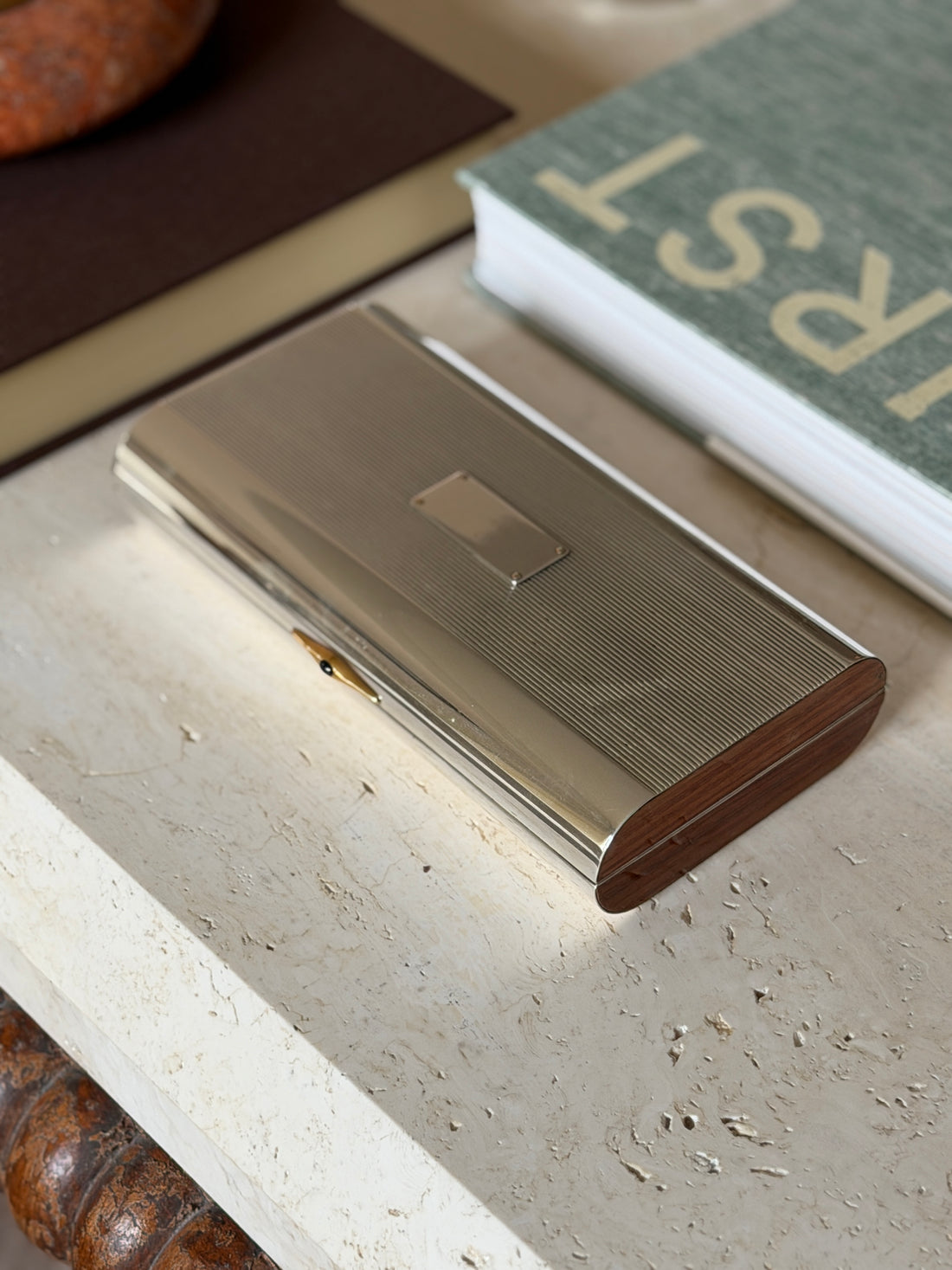 Cartier Sterling Silver Box with Lacquered Wood &amp; Sapphire Cabochon
