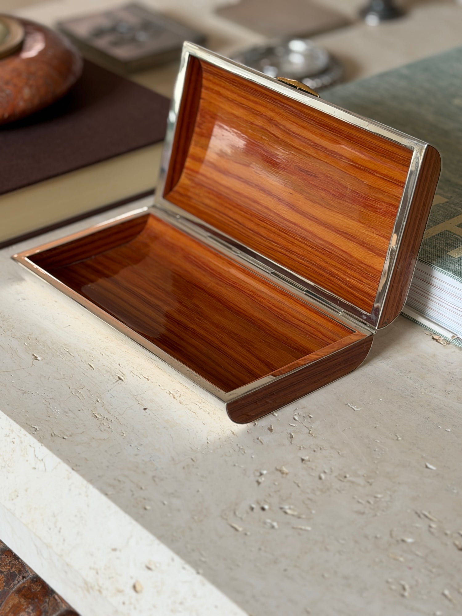 Cartier Sterling Silver Box with Lacquered Wood &amp; Sapphire Cabochon