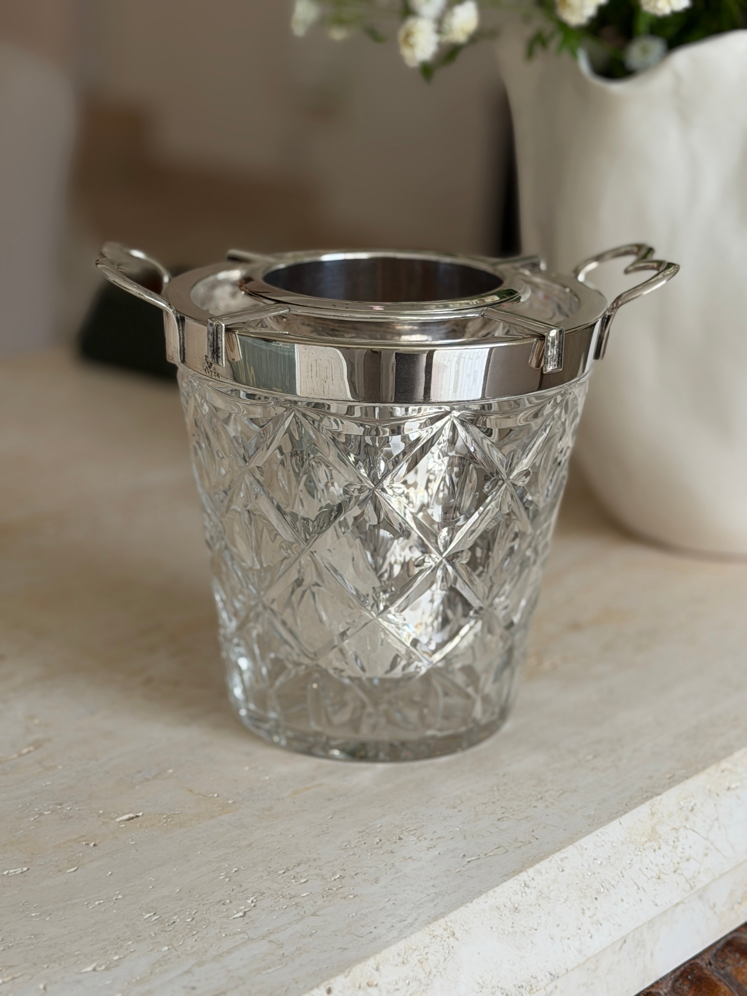 Champagne Bucket in Cut Glass Silver Plate by John Grinsell Sons Sheffield England c.1910 | Collectors Gene