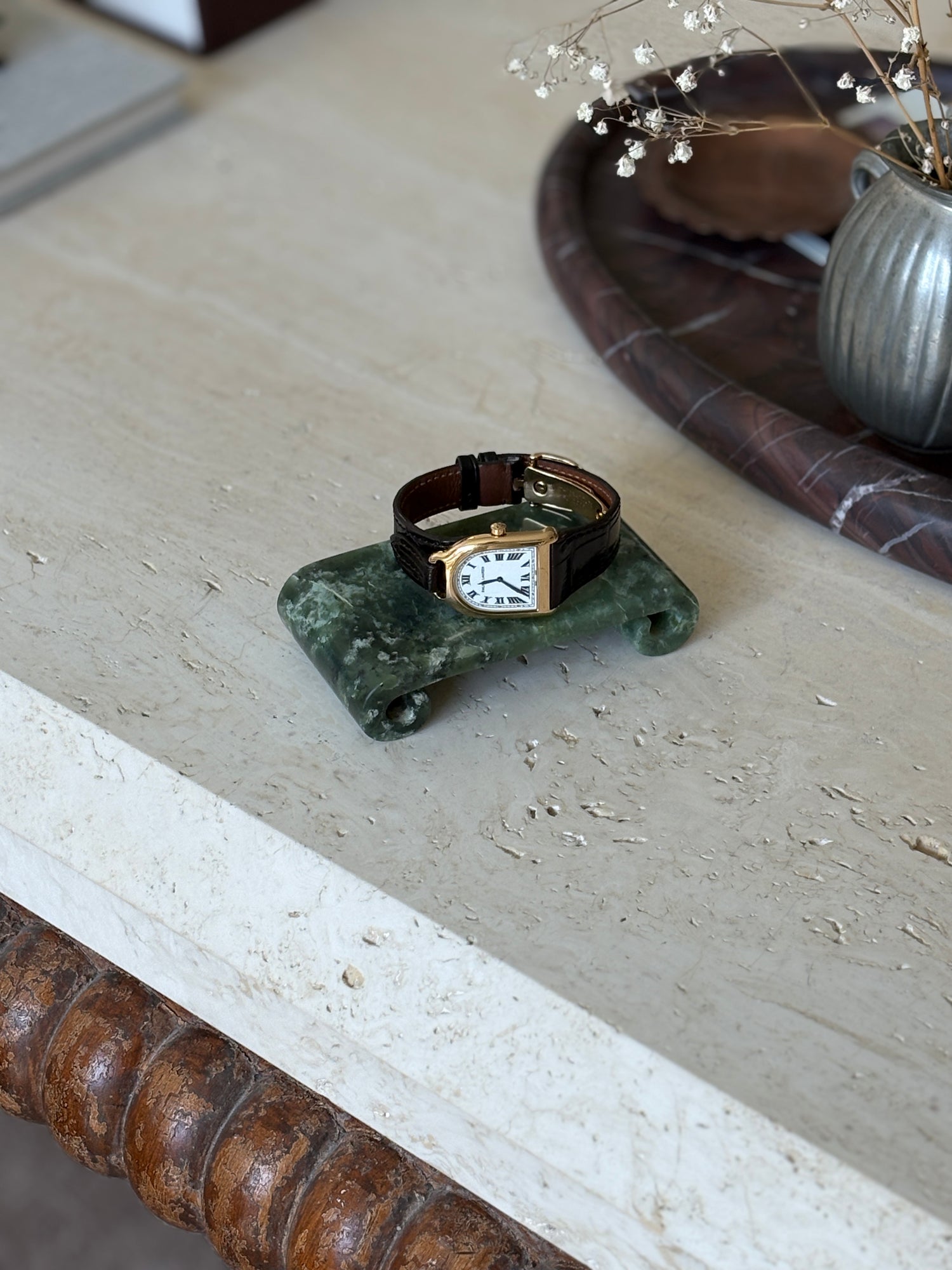 Chinese Jade Stone Pedestal Stand with Scroll Details | Collectors Gene