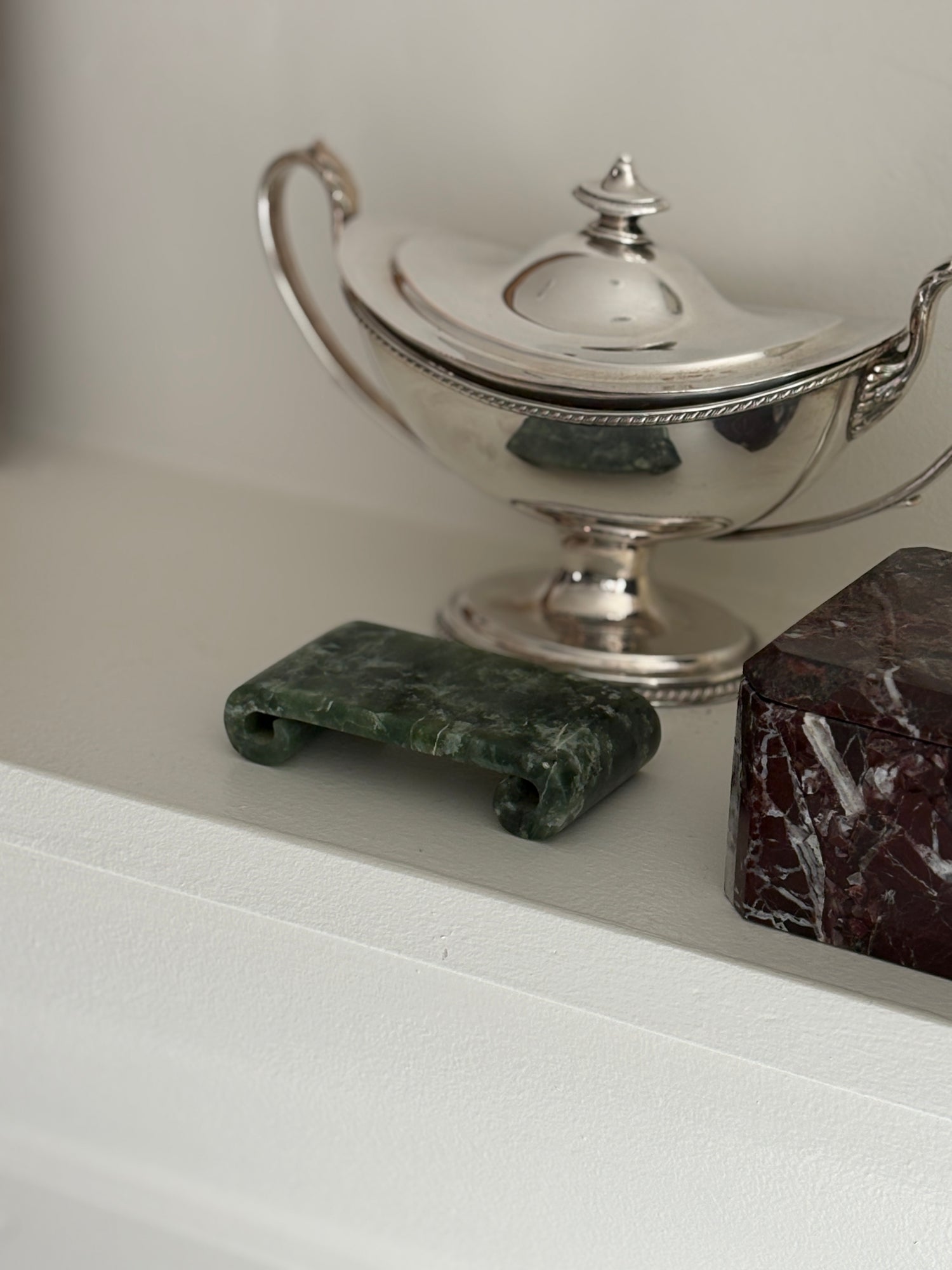 Chinese Jade Stone Pedestal Stand with Scroll Details | Collectors Gene