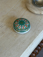 Vintage Christofle Paris Oceana Vert Ginkgo porcelain trinket box with gold accents from Collectors Gene