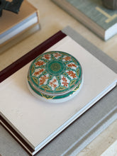 High angle view of round Christofle Paris green ginkgo leaf trinket box available at Collectors Gene