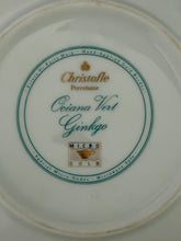 Close-up view of green Christofle Paris Oceana Vert Ginkgo maker mark stamp on underside of porcelain box