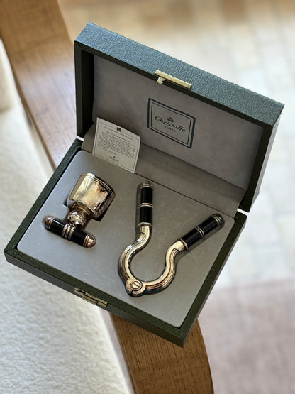 Christofle Paris Silver and Black Lacquer Champagne Saber &amp; Stopper Set in Original Box | Collectors Gene