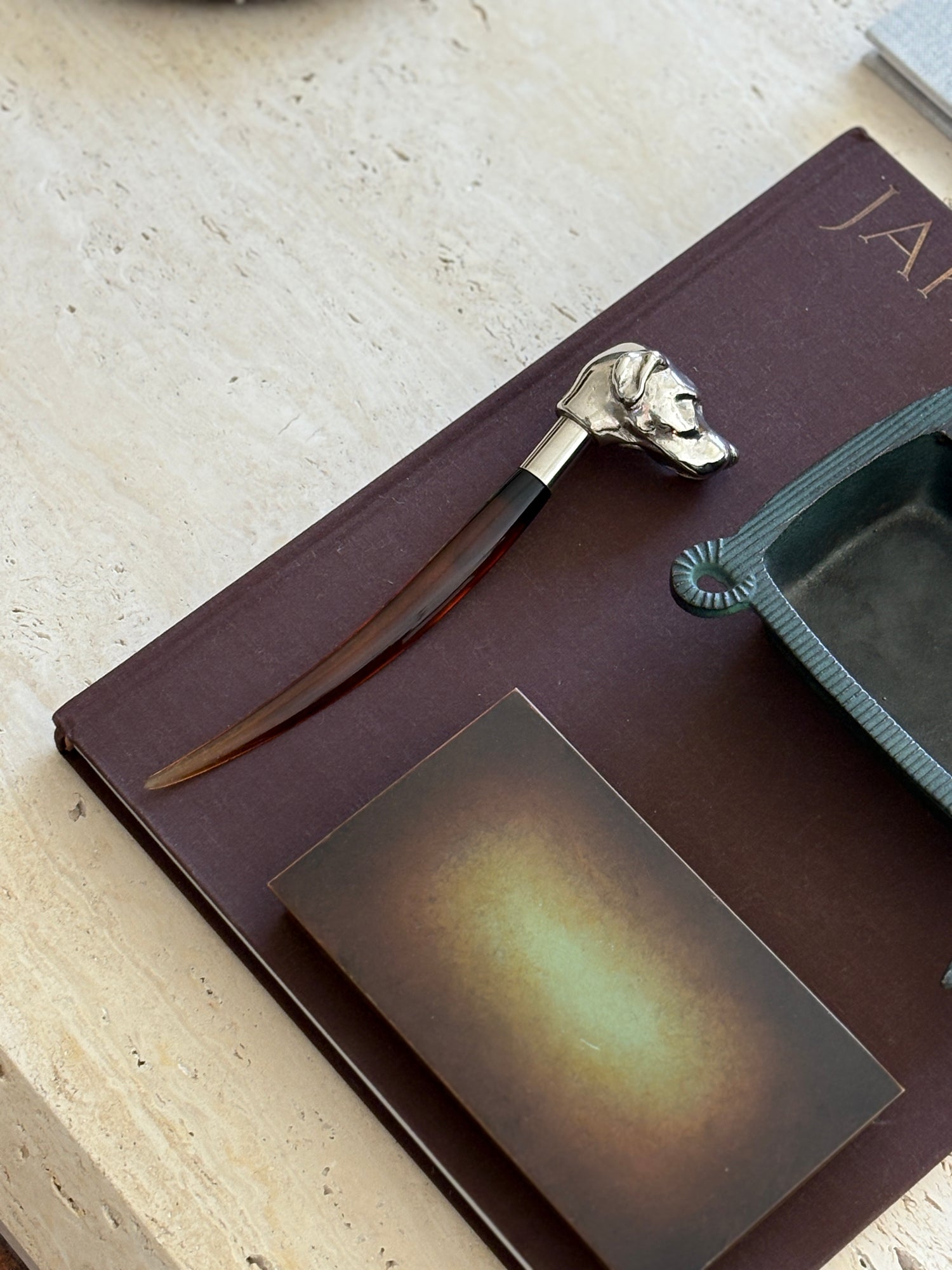 Chrome Dog Head Letter Opener with Amber Lucite Handle | Collectors Gene