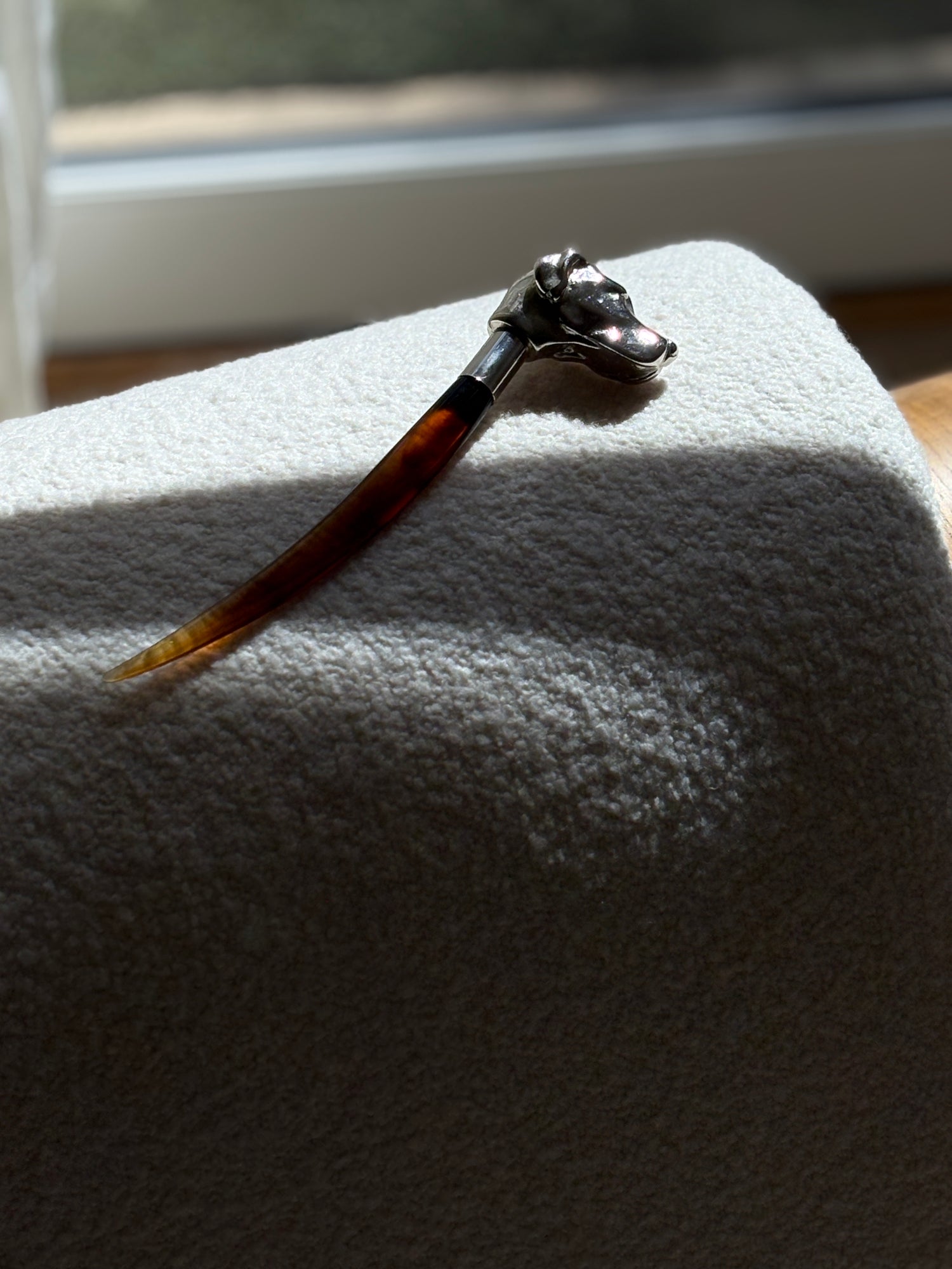 Chrome Dog Head Letter Opener with Amber Lucite Handle | Collectors Gene