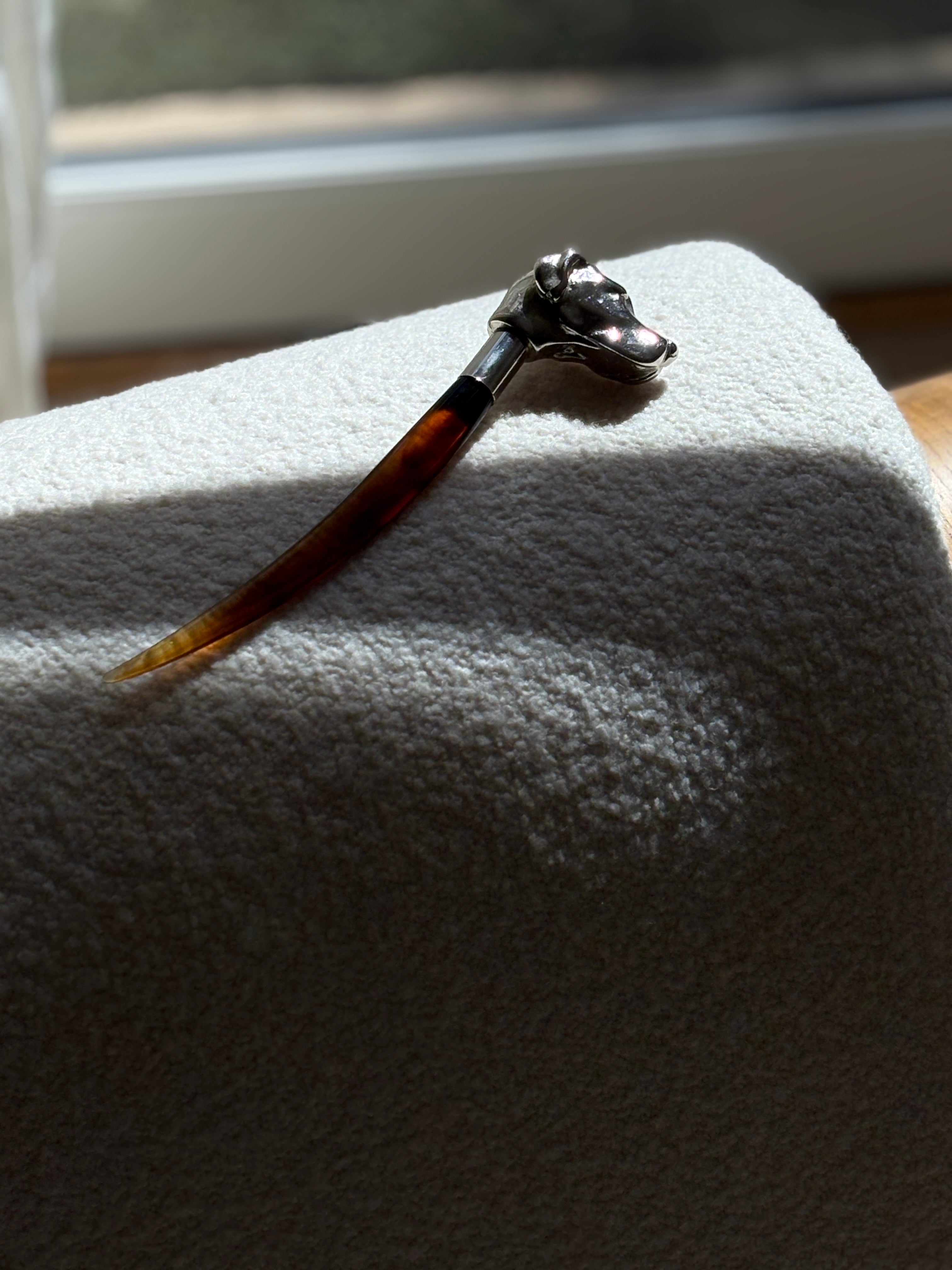 Chrome Dog Head Letter Opener with Amber Lucite Handle | Collectors Gene