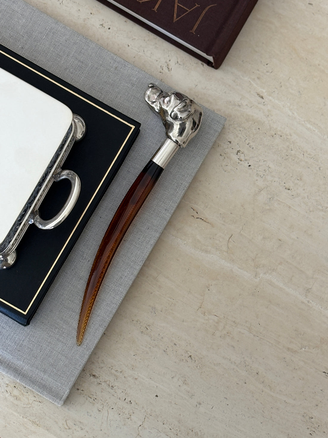 Chrome Dog Head Letter Opener with Amber Lucite Handle | Collectors Gene