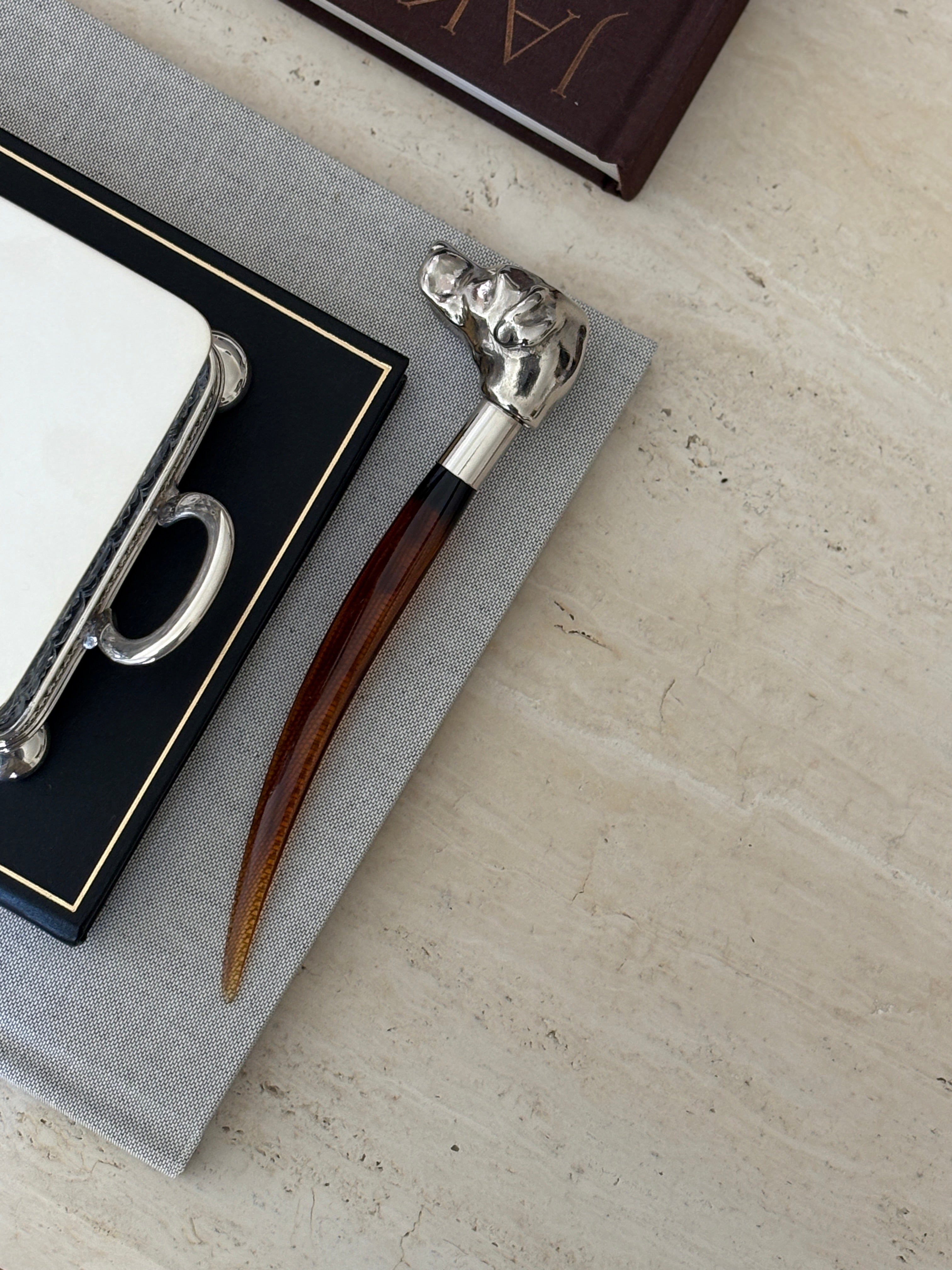 Chrome Dog Head Letter Opener with Amber Lucite Handle | Collectors Gene
