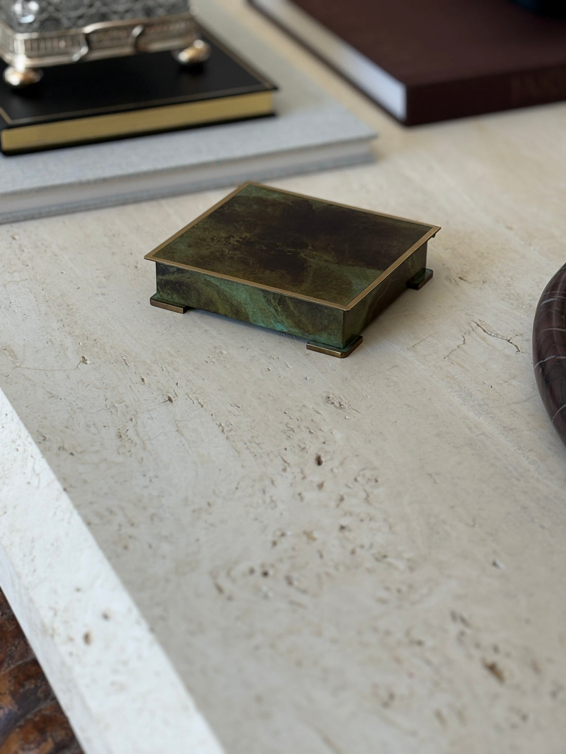 Danish Art Deco Patinated Bronze Trinket Box with Wood Liner by Bronce Denmark