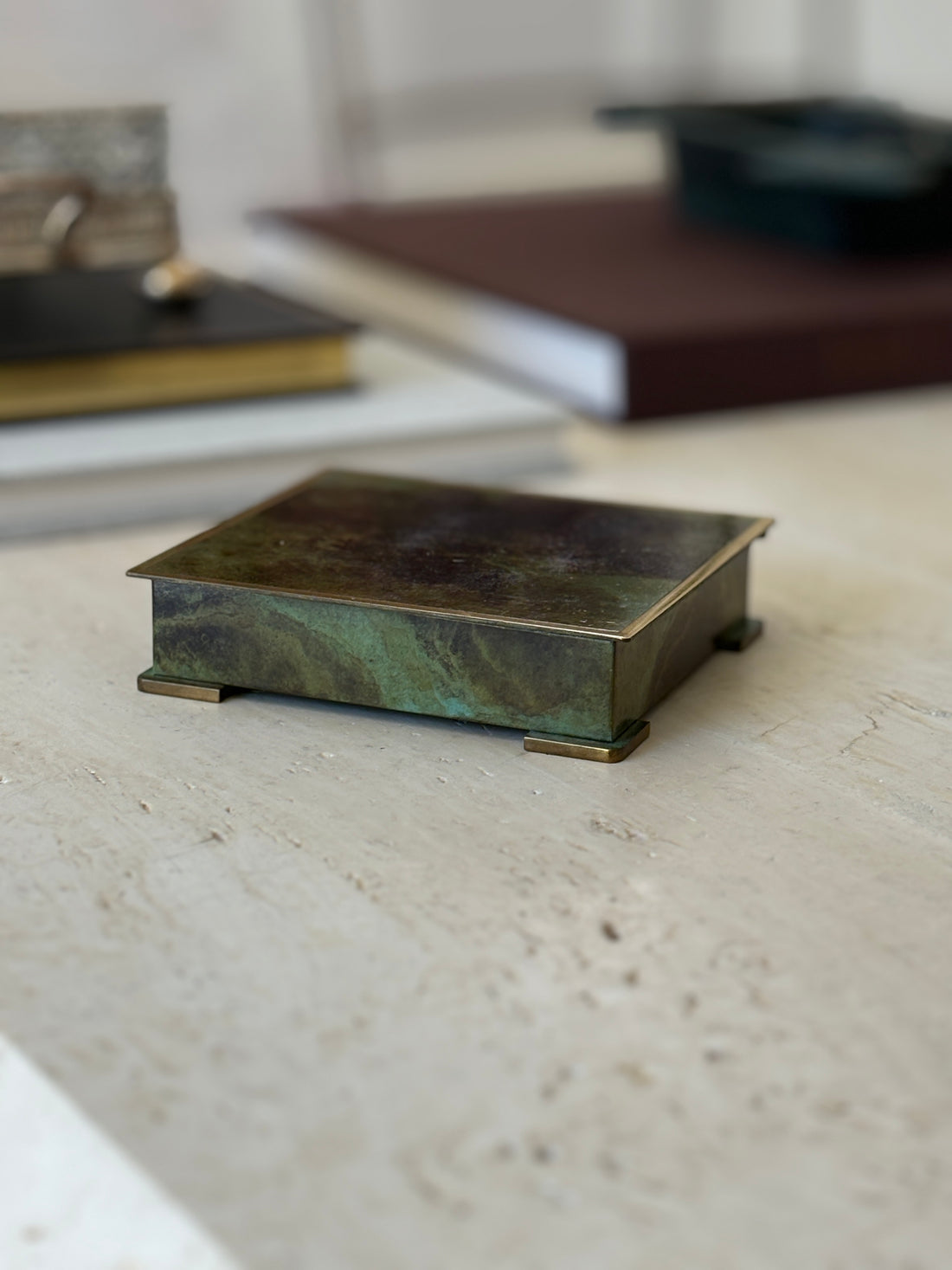 Danish Art Deco Patinated Bronze Trinket Box with Wood Liner by Bronce Denmark
