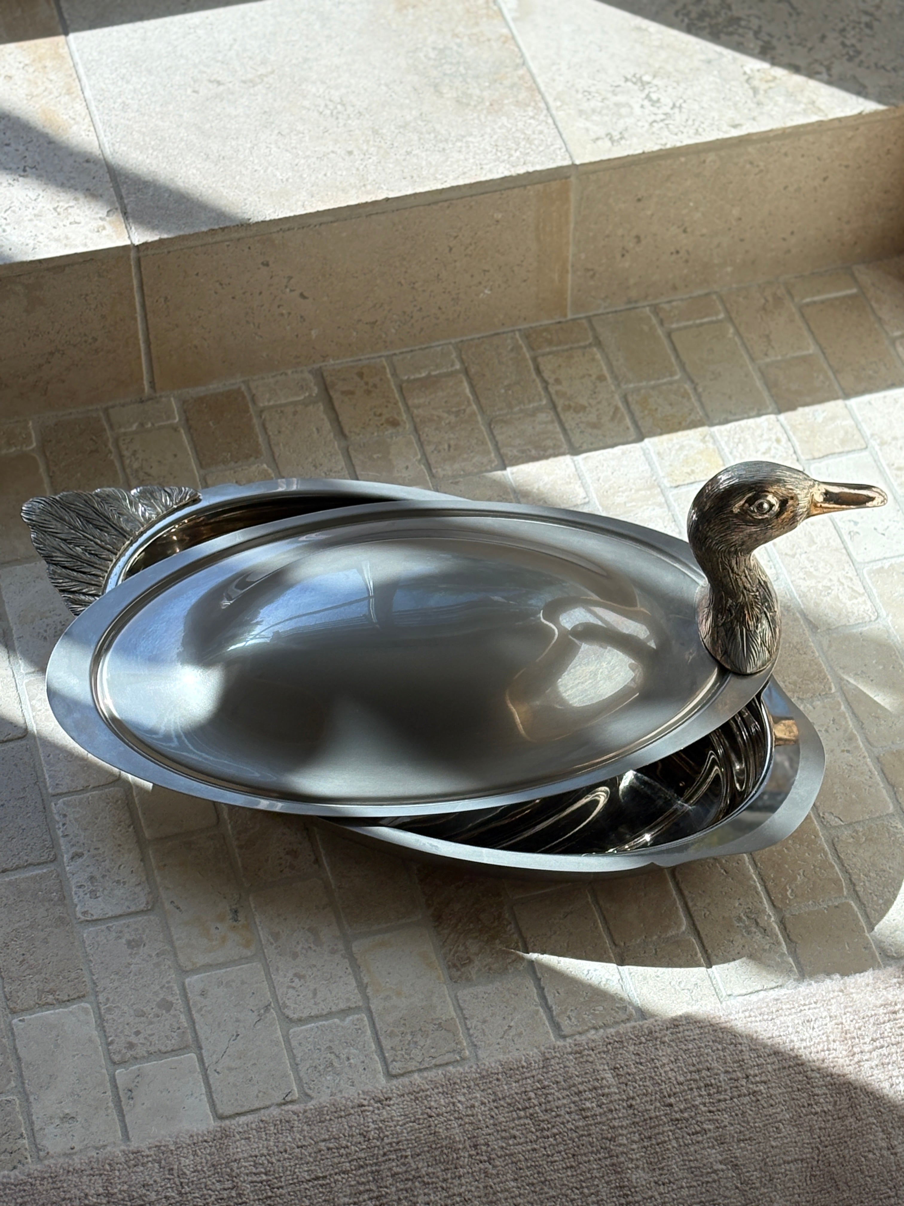 Duck Head Tail Serving Dish with Insert in Silver Plate | Collectors Gene