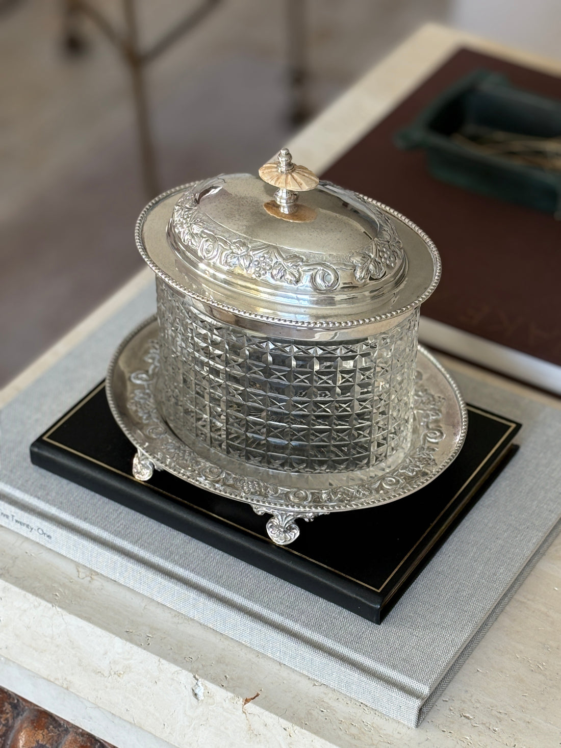 Edwardian Cut Glass &amp; Silver Plated Biscuit Barrel Box on Stand – c. 1900 | Collectors Gene
