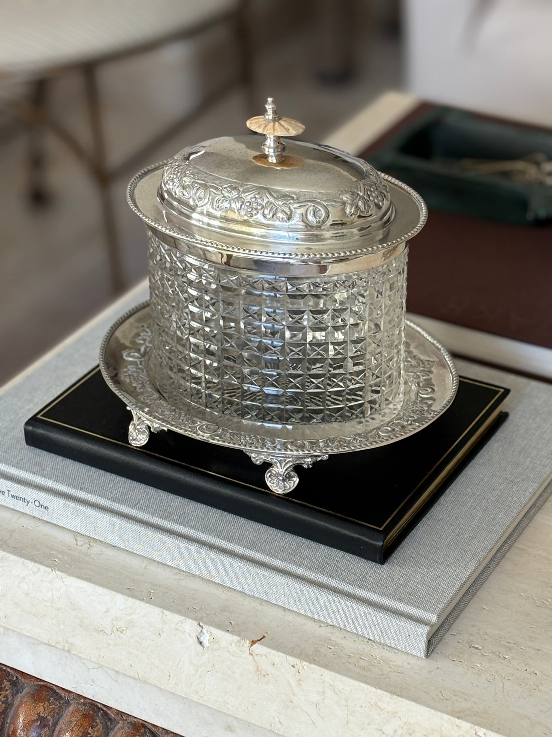 Edwardian Cut Glass &amp; Silver Plated Biscuit Barrel Box on Stand – c. 1900 | Collectors Gene