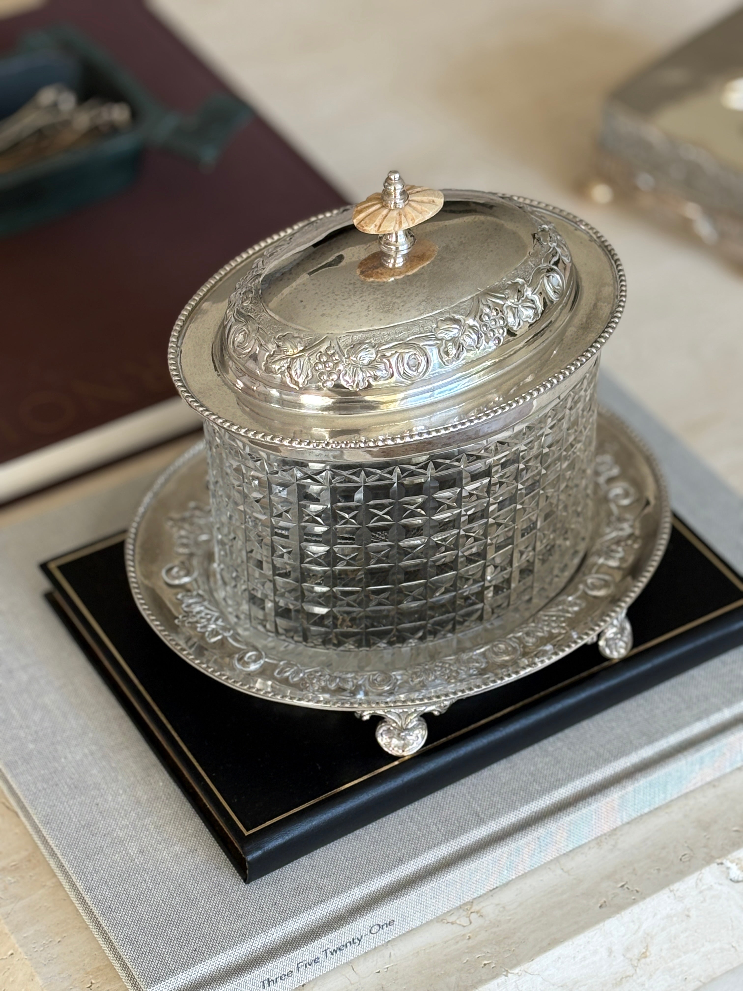 Edwardian Cut Glass &amp; Silver Plated Biscuit Barrel Box on Stand – c. 1900 | Collectors Gene
