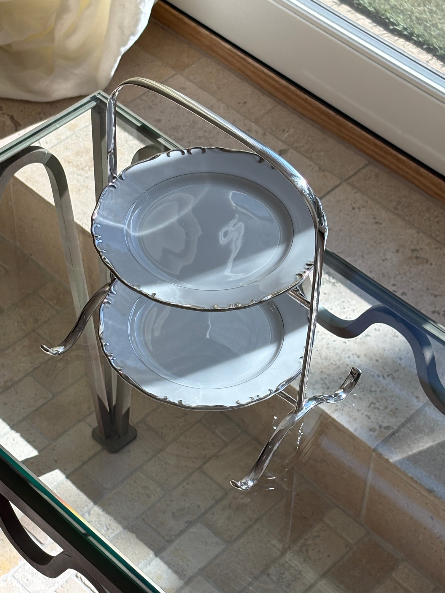 English Tiered Serving Stand with Wave Legs and Porcelain Plates - c. 1900 | Collectors Gene