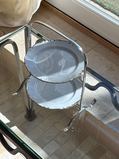 English Tiered Serving Stand with Wave Legs and Porcelain Plates - c. 1900 | Collectors Gene