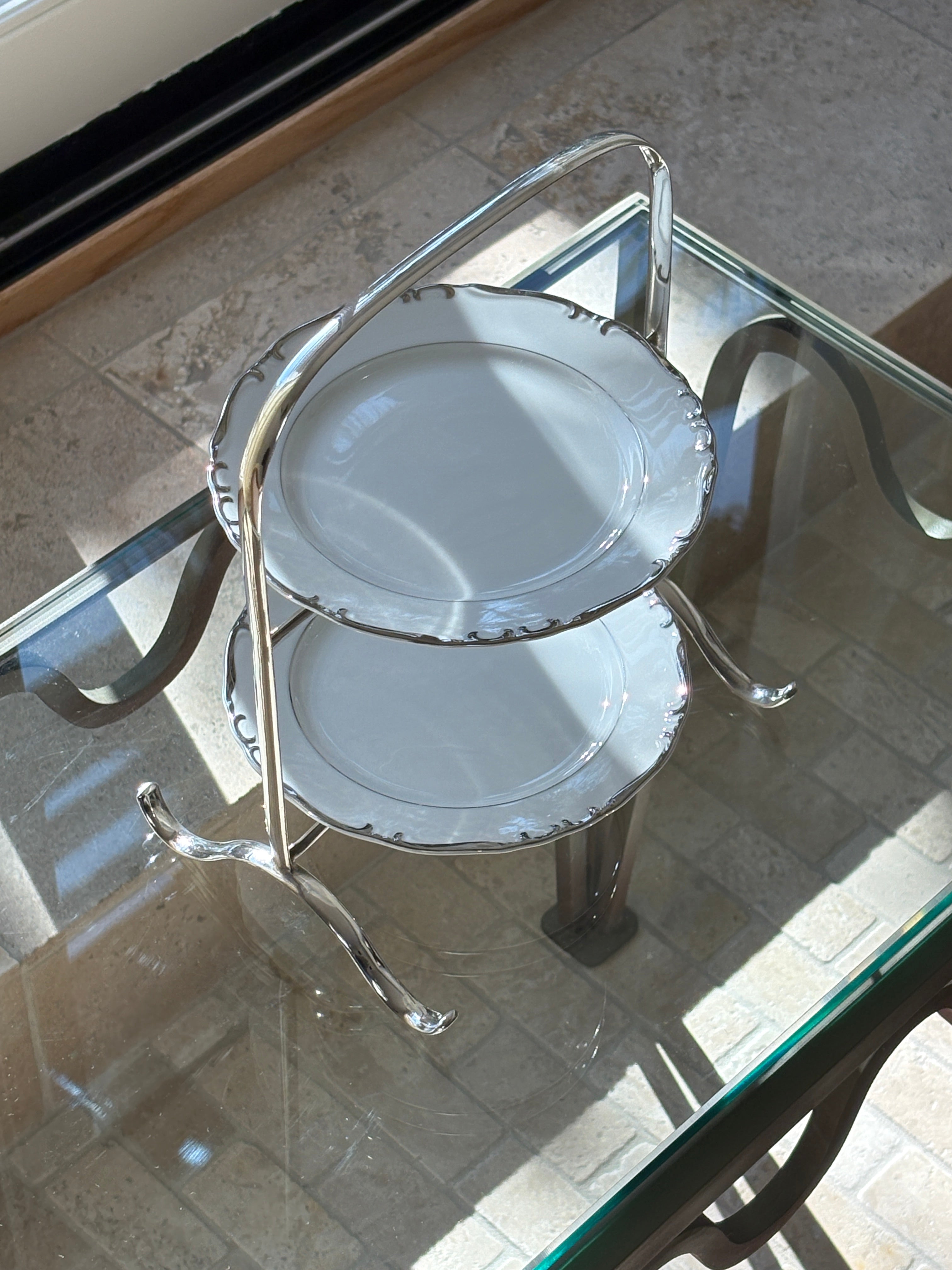 English Tiered Serving Stand with Wave Legs and Porcelain Plates - c. 1900 | Collectors Gene