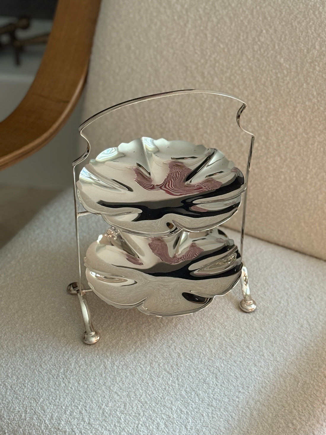 English Tiered Serving Stand with Silver Scalloped Bowls - c. 1895 | Collectors Gene