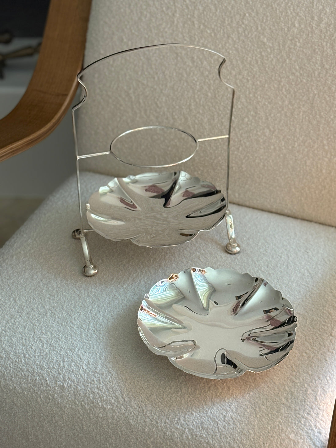 English Tiered Serving Stand with Silver Scalloped Bowls - c. 1895 | Collectors Gene