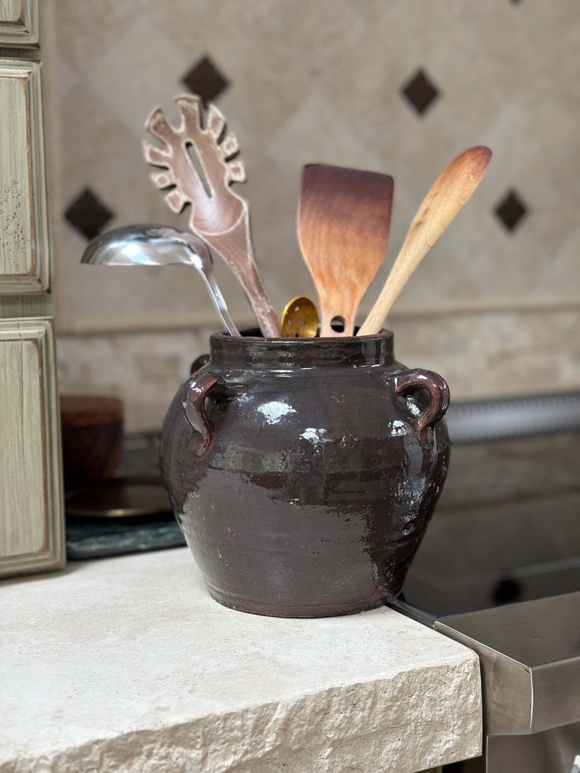 Espresso Brown Glazed Clay Pot with Sculptural Handles | Collectors Gene Collectibles