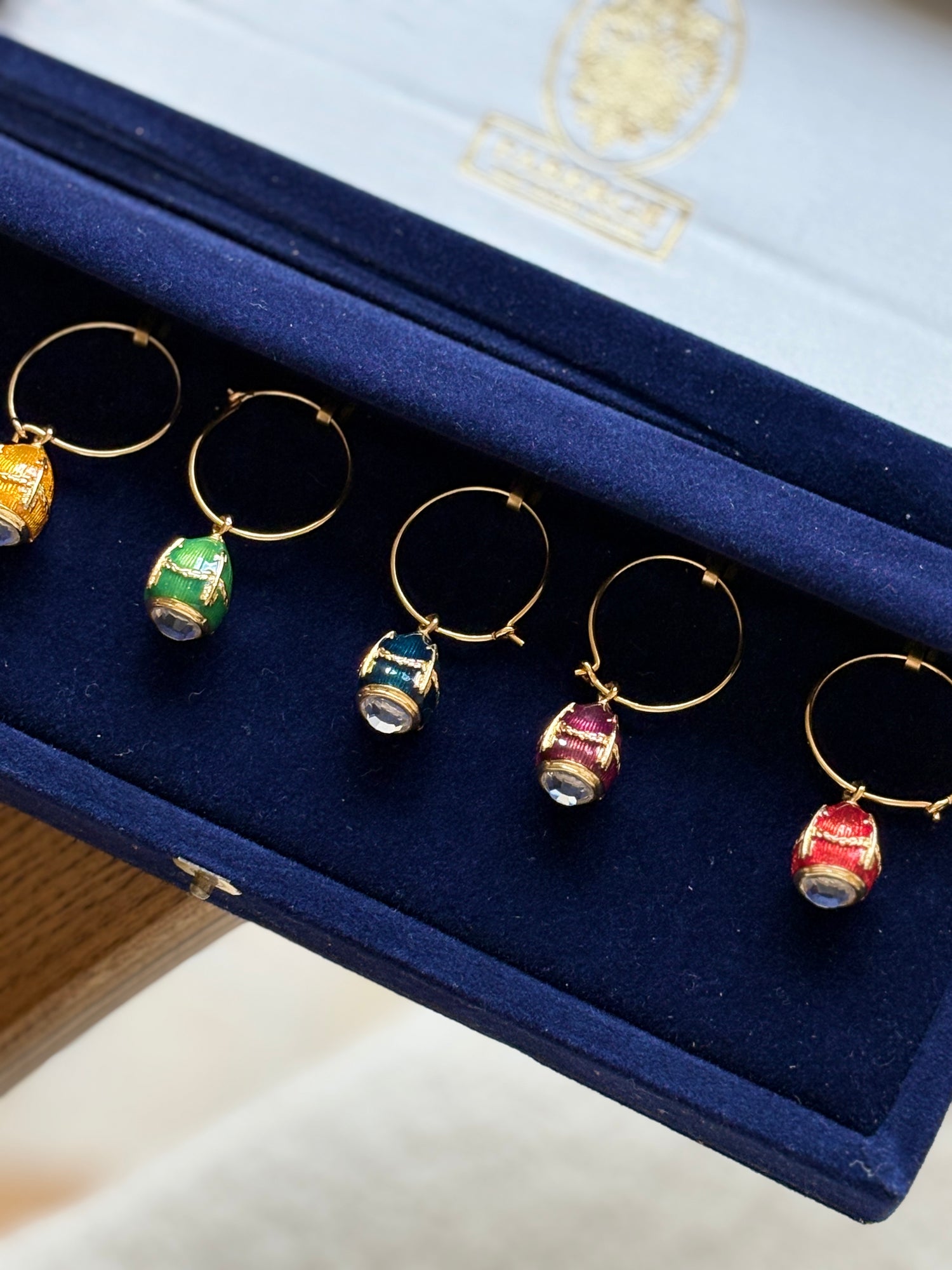 Fabergé Set of 6 Enamel Multicolor Egg Wine Charms with Original Blue Velvet Box | Collectors Gene