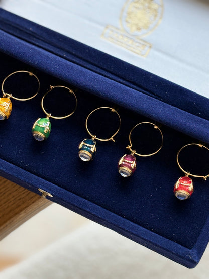 Fabergé Set of 6 Enamel Multicolor Egg Wine Charms with Original Blue Velvet Box | Collectors Gene