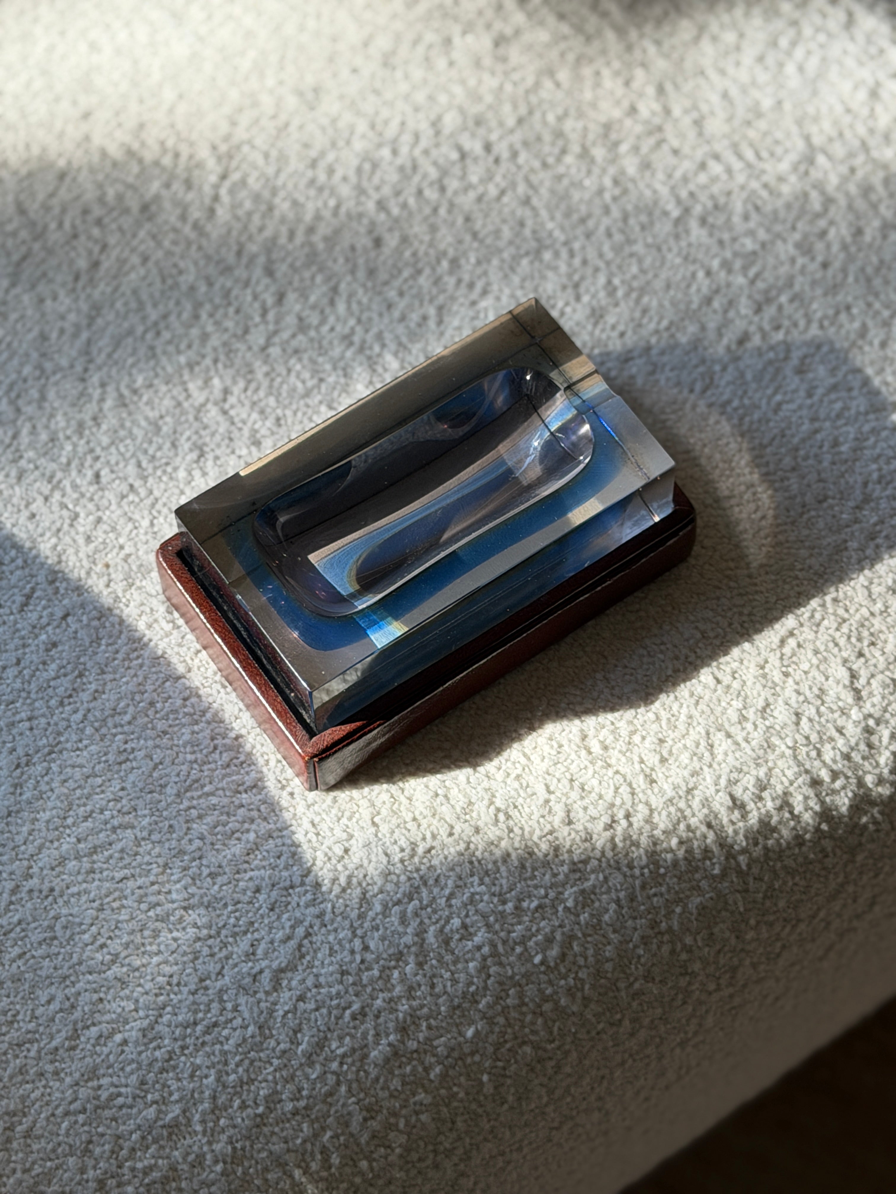 Angled overhead view of 5.71 inch vintage Italian Murano glass and leather desk catchall available at Collectors Gene