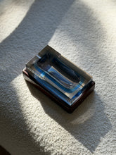 Top-down view of Flavio Poli for Seguso blue Bloc glass ashtray showing deep central recessed well from Collectors Gene
