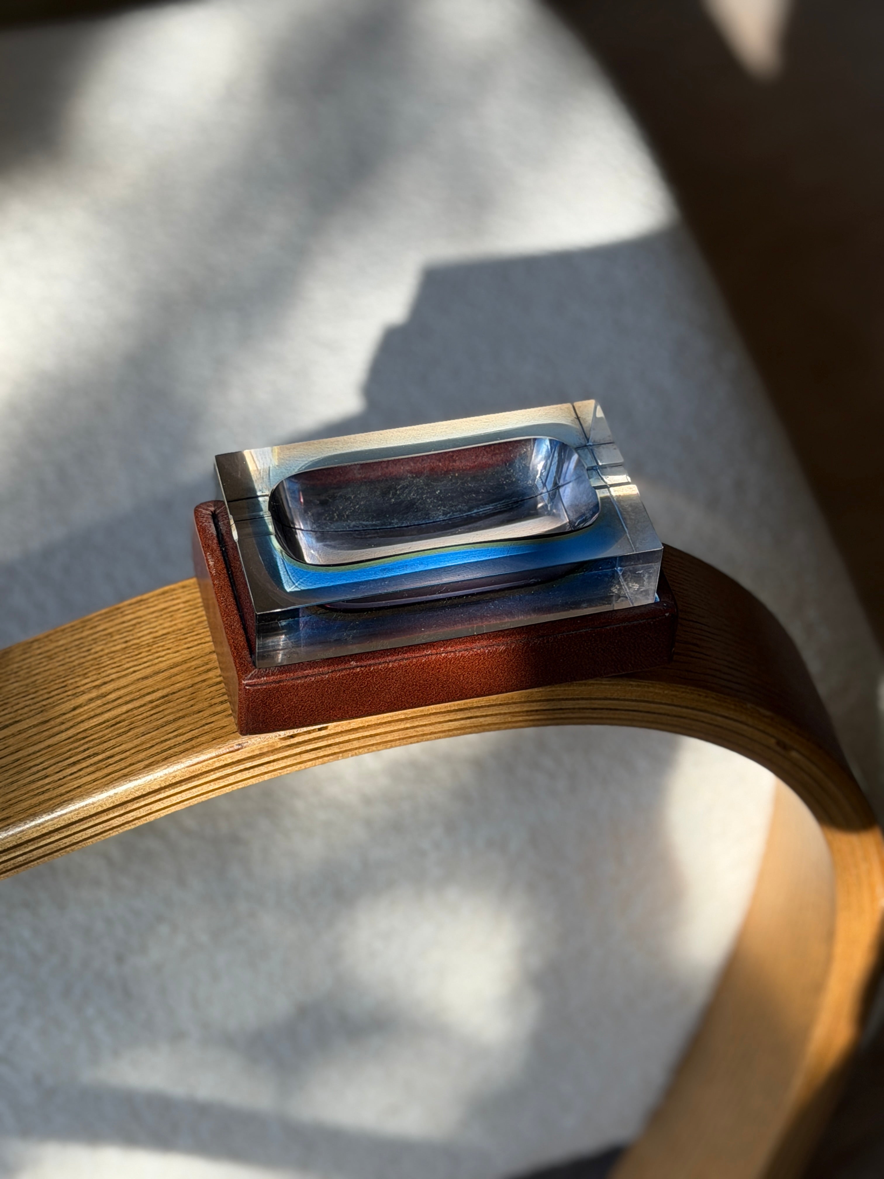 High angle view of 1980s Flavio Poli for Seguso rectangular blue glass Bloc ashtray available at Collectors Gene