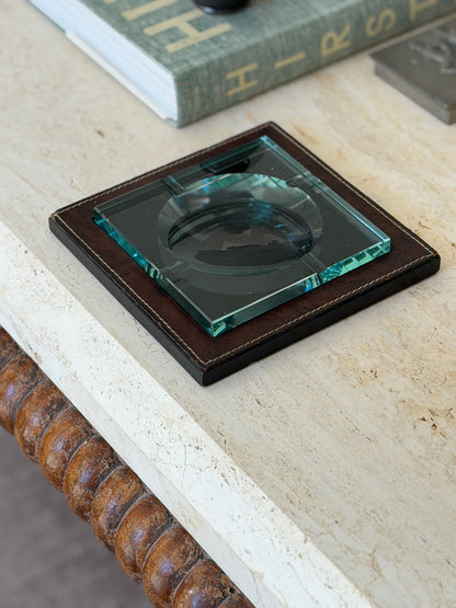 Executive desk context shot featuring vintage 1960s Fontana Arte leather and glass ashtray from Collectors Gene