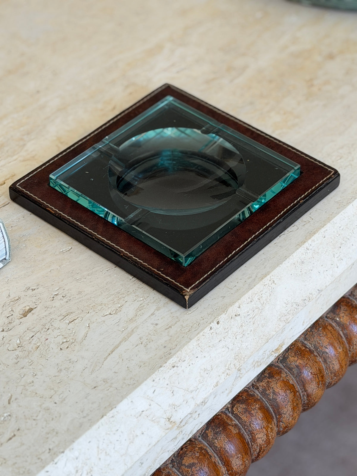 Front view of mid-century Fontana Arte glass and leather vide poche tray from Collectors Gene