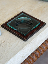 Front view of mid-century Fontana Arte glass and leather vide poche tray from Collectors Gene