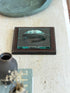 Vintage c.1960 Fontana Arte square thick glass and stitched brown leather ashtray catchall dish from Collectors Gene