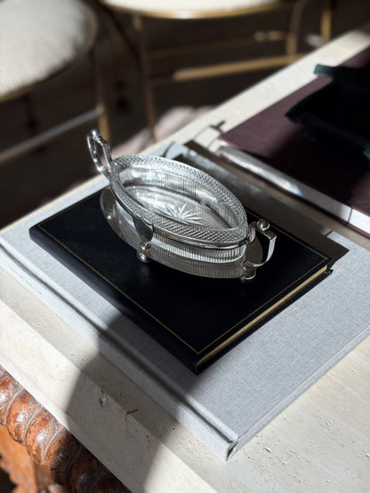 Footed Antique Silver Plated Serving Bowl with Handles by Henry Wilkinson Ltd, with Ribbed &amp; Diamond Cut Glass Insert – Sheffield, England | Collectors Gene