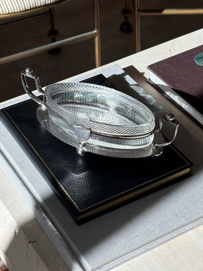 Footed Antique Silver Plated Serving Bowl with Handles by Henry Wilkinson Ltd, with Ribbed &amp; Diamond Cut Glass Insert – Sheffield, England | Collectors Gene