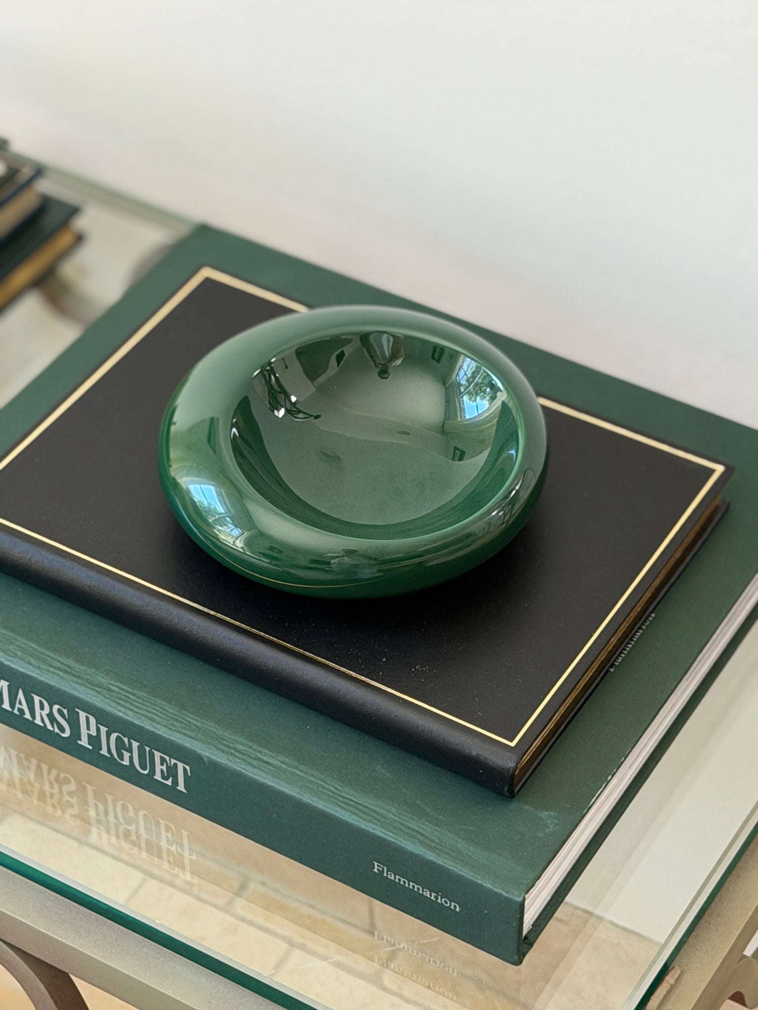Angled perspective view of 1960s Sicart Italian green glazed ceramic catchall available at Collectors Gene