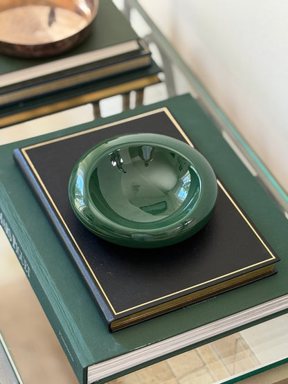 Direct top-down view of glossy forest green mid-century Italian ceramic dish by Sicart at Collectors Gene
