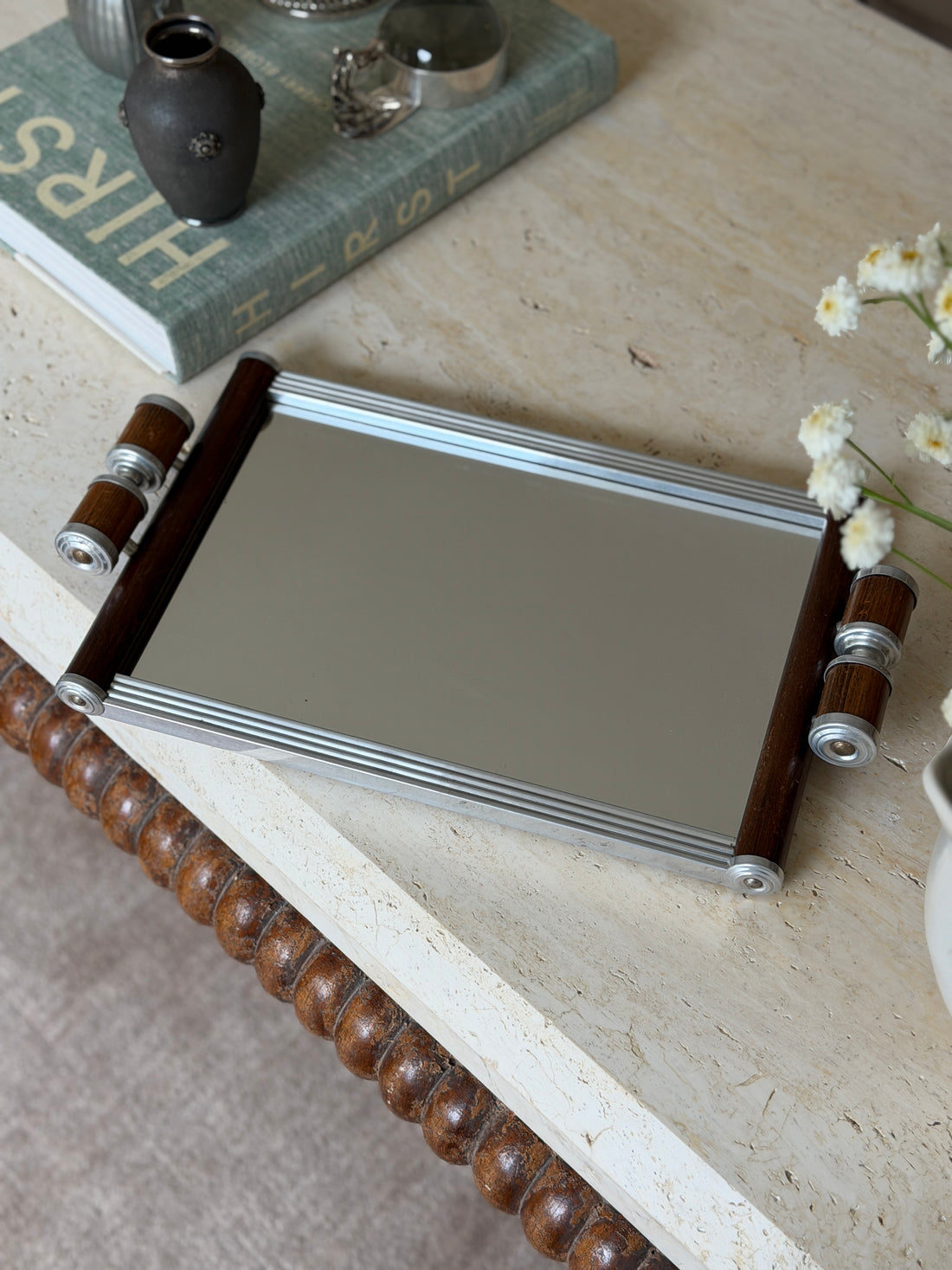 French Art Deco Mirrored Cocktail Serving Tray with Wood Handles c.1930 | Collectors Gene