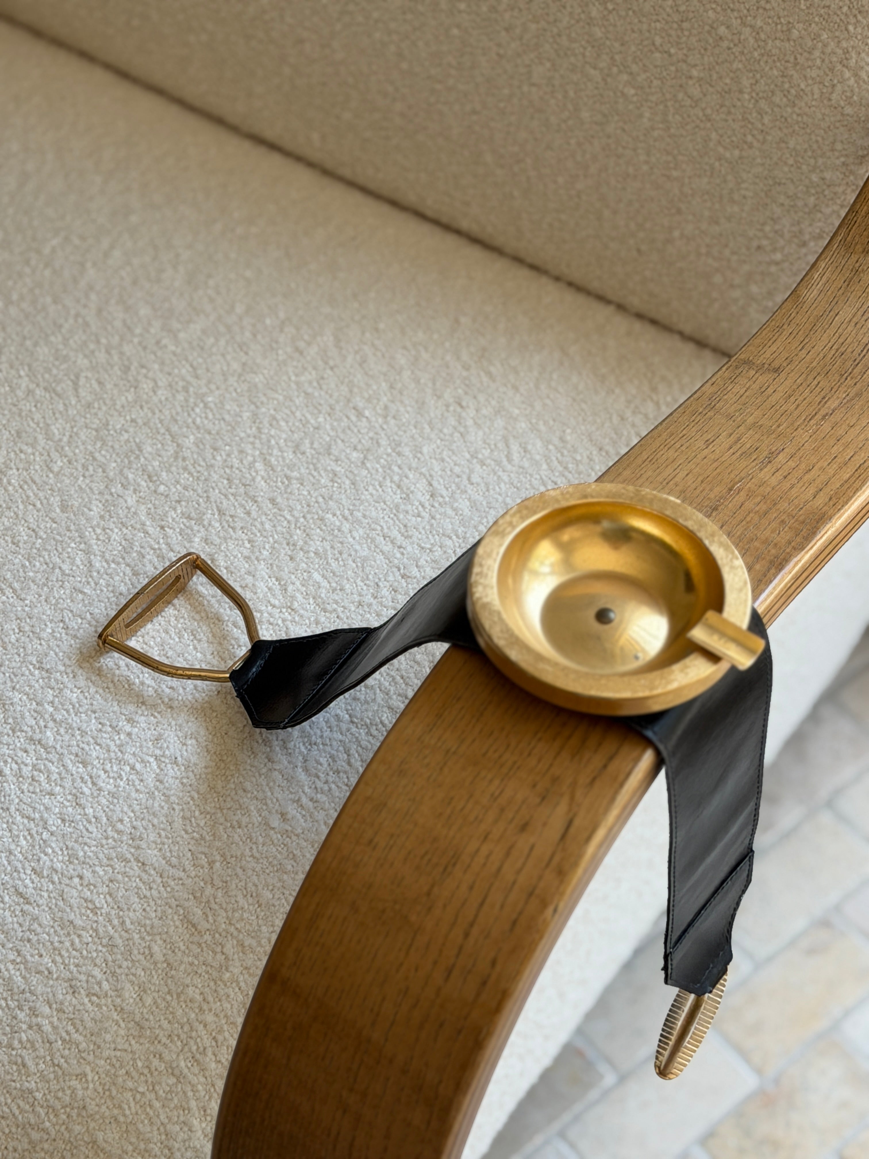 French Gilt Metal Leather Armrest Ashtray with Stirrups | Collectors Gene