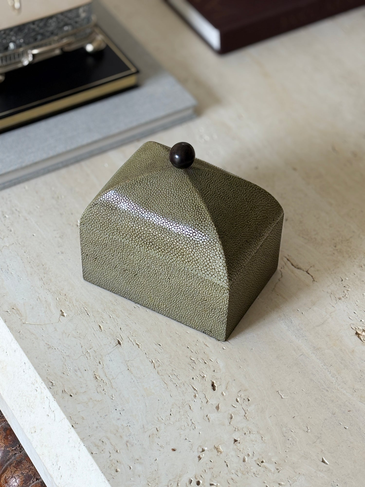 French Shagreen Box with Wood Finial – c. 1940s | Collectors Gene