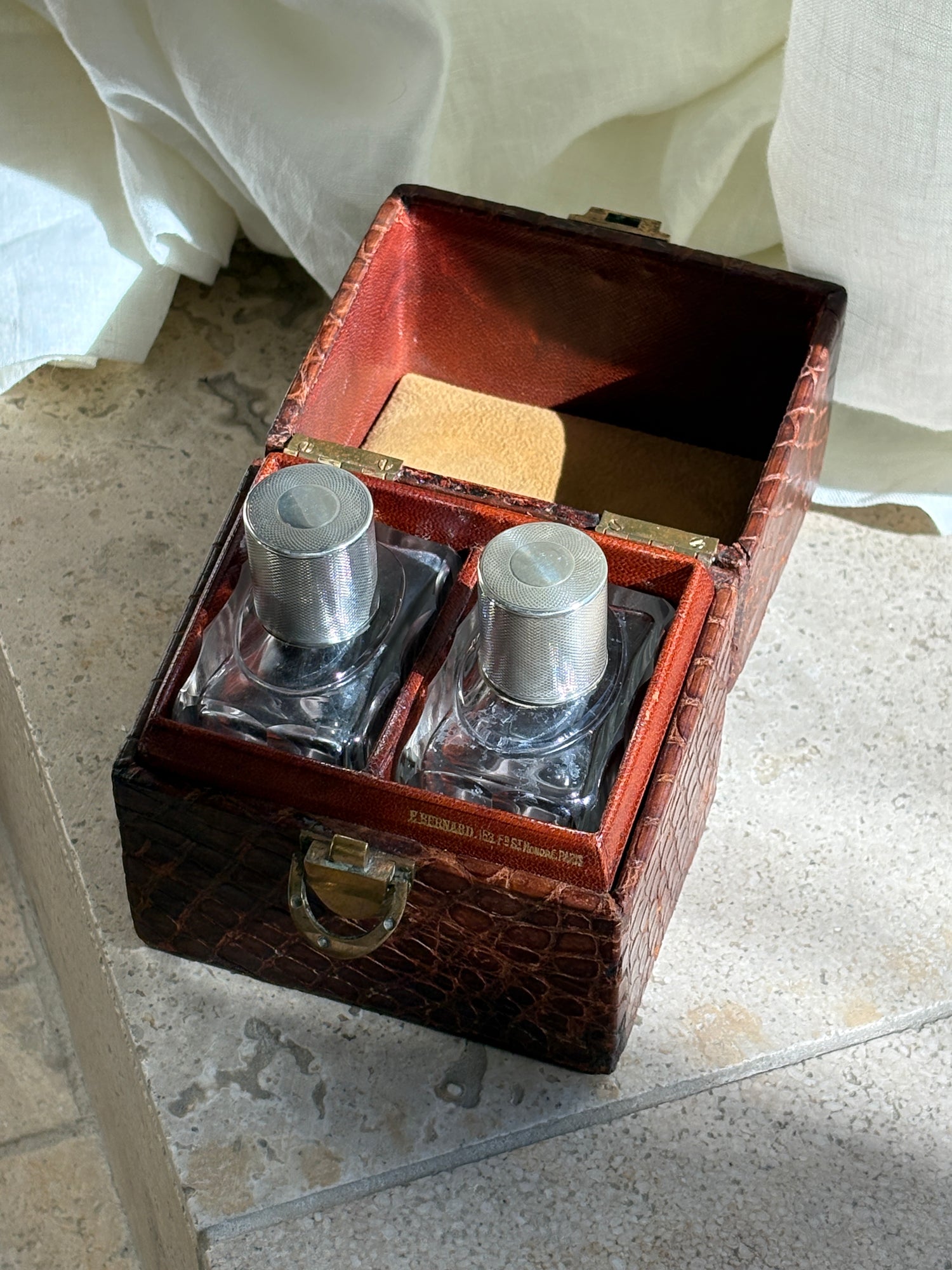 French Vanity Dresser Bottles with Sterling Silver Engine Turned Caps in Original Box - c. 1890 | Collectors Gene