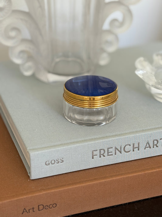 Gold & Blue Enamel Guilloché Vanity Glass Jar | Collectors Gene Vintage Finds