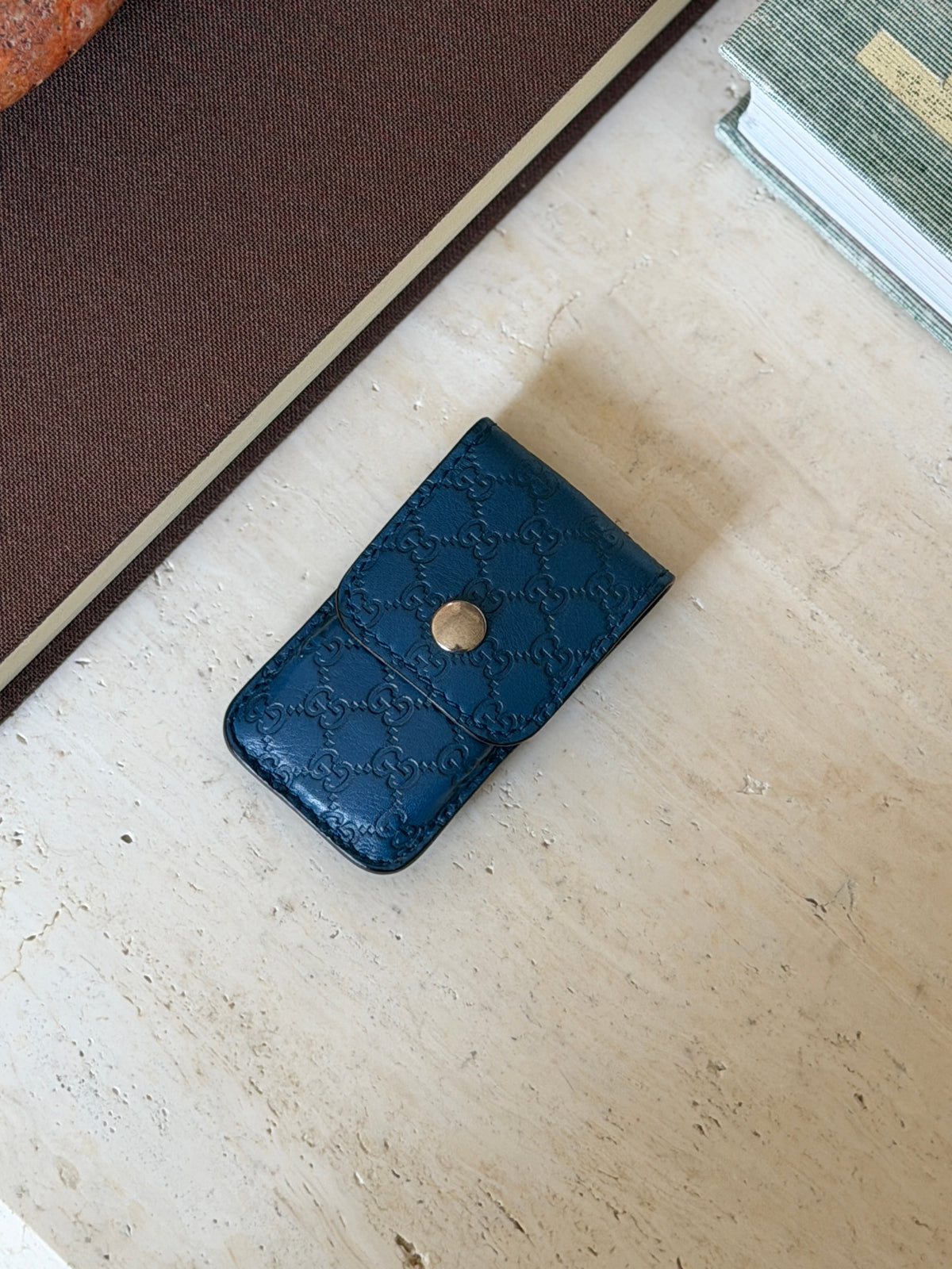 Overhead view of the blue leather Gucci monogram case for the shoehorn