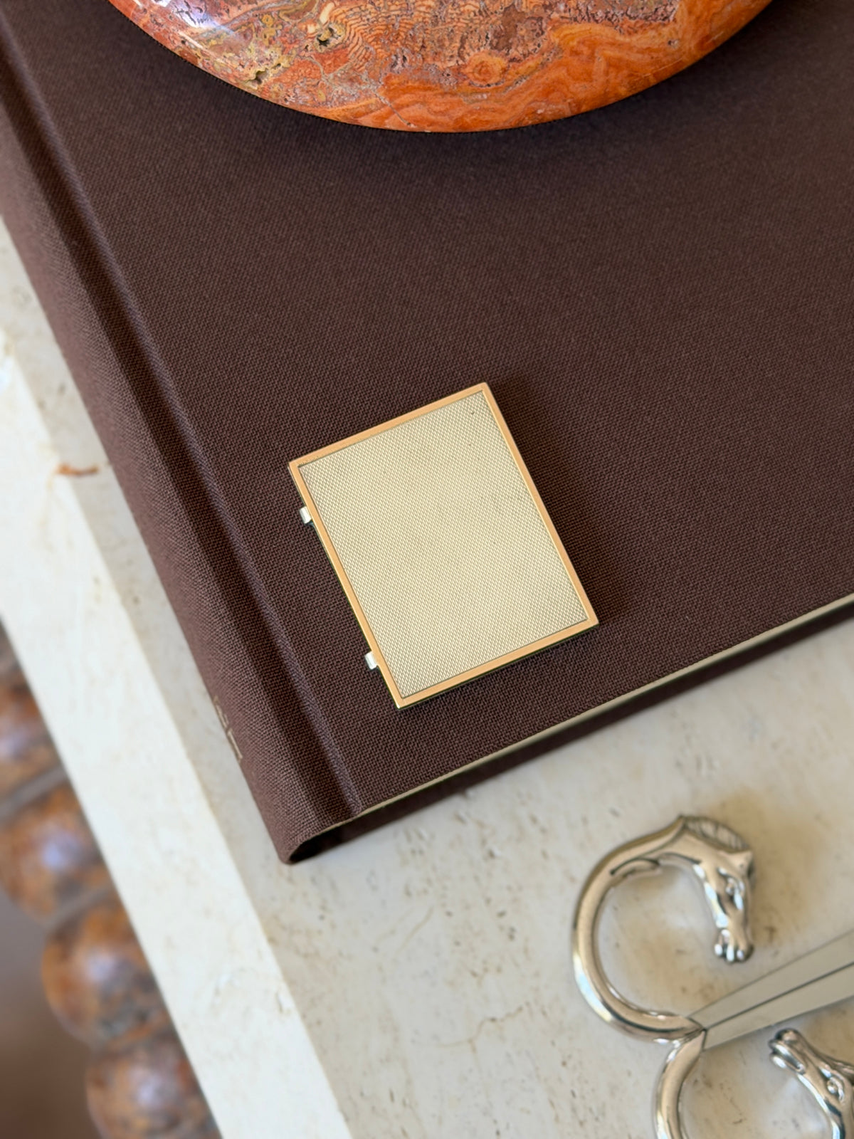 Another view of the closed frame on the book, with a horse-head bracelet visible nearby